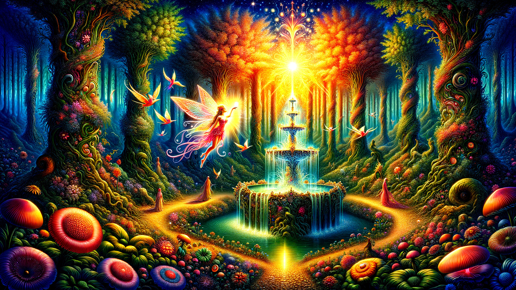 Vibrant Forest Scene with Magical Fountain and Fairies