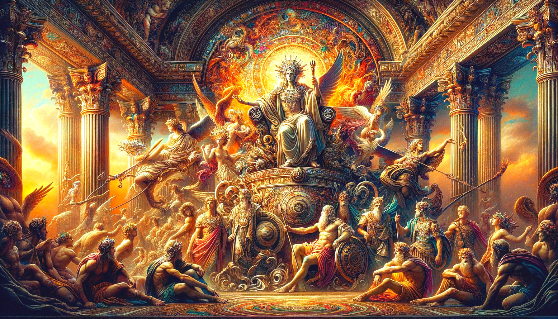 Ornate depiction of a deity on a lavish throne