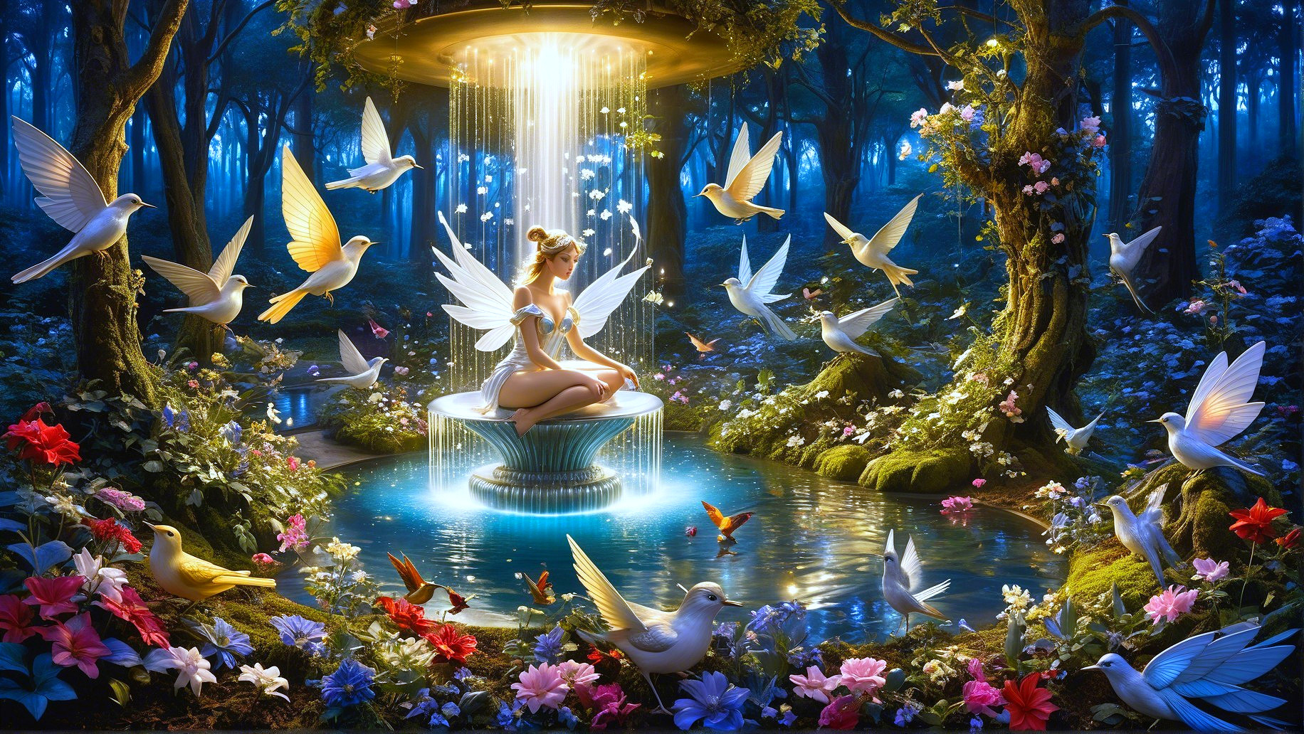Mystical forest scene with a fairy by a fountain
