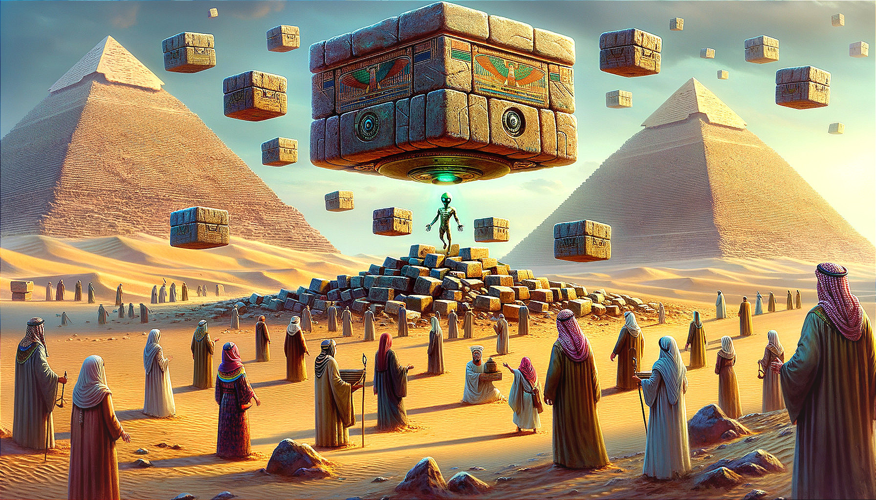 Surreal Desert Scene with Pyramids and Alien Figure