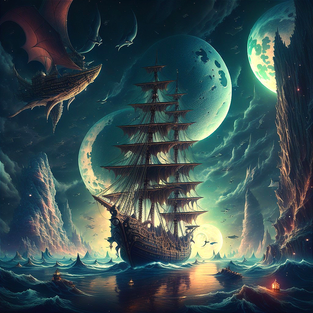 Fantasy Sailing Ship Among Giant Waves and Moons