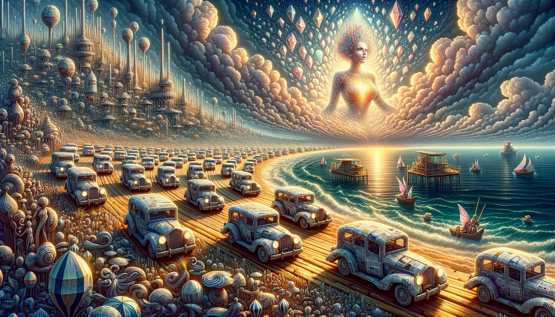 Surreal Landscape with Vintage Cars and Hot Air Balloons