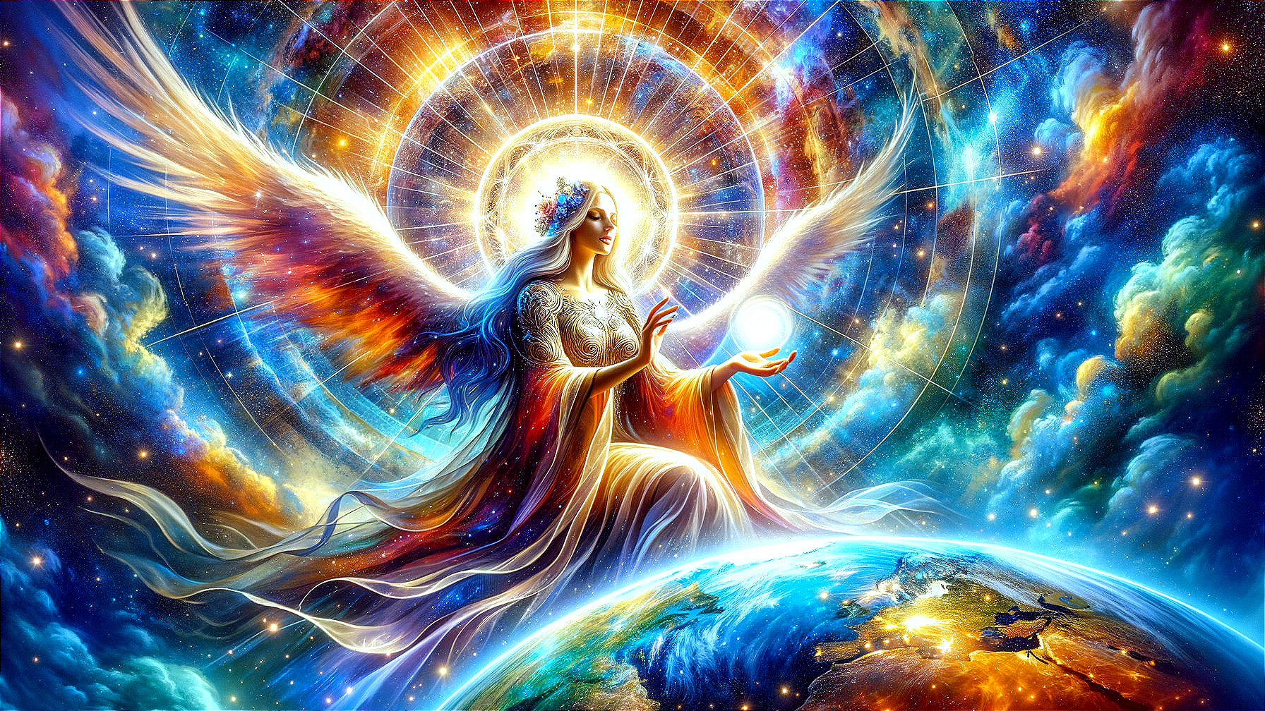 Celestial Being with Wings and Glowing Orb on Earth
