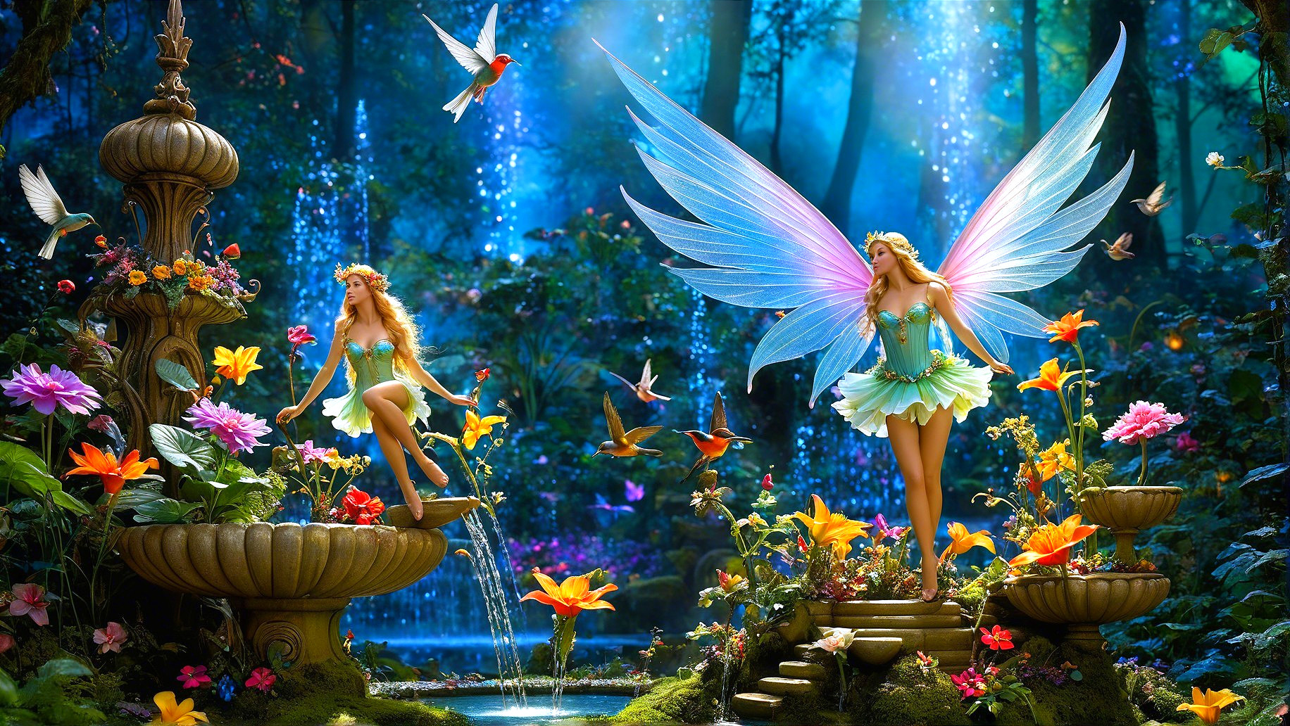 Fairies Dancing in a Colorful Enchanted Garden