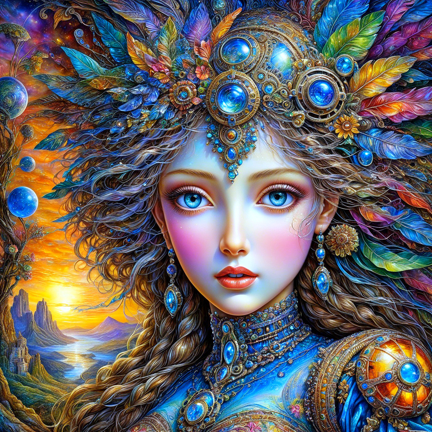 Mystical Female Figure with Colorful Headdress at Sunset