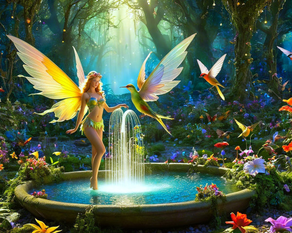Fairy by Fountain in Vibrant Enchanted Forest