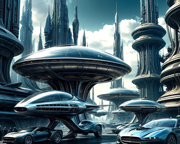 Futuristic cityscape with metallic buildings and vehicles