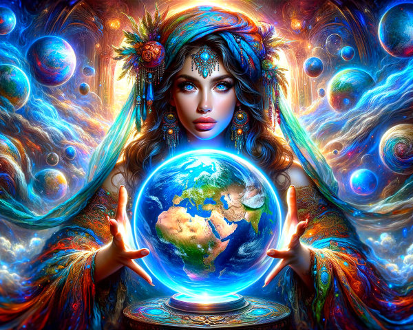 Mystical Figure with Earth Orb in Cosmic Setting
