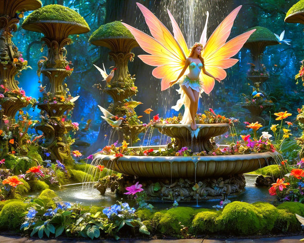 Whimsical Fairy on Fountain in Enchanted Forest