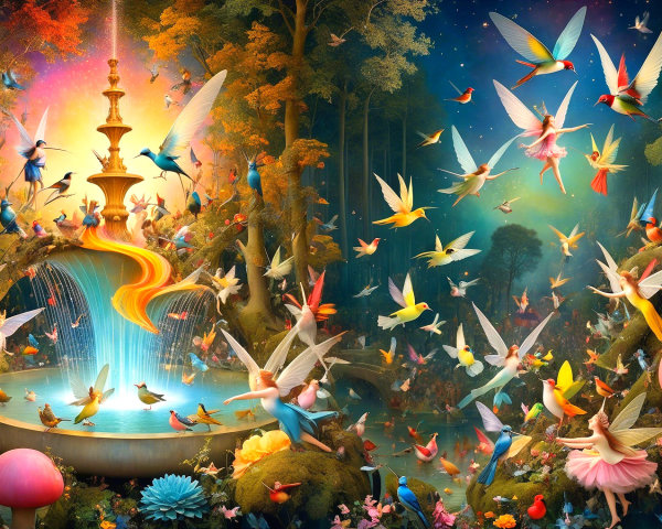 Magical Forest with Fairies and Enchanting Fountain