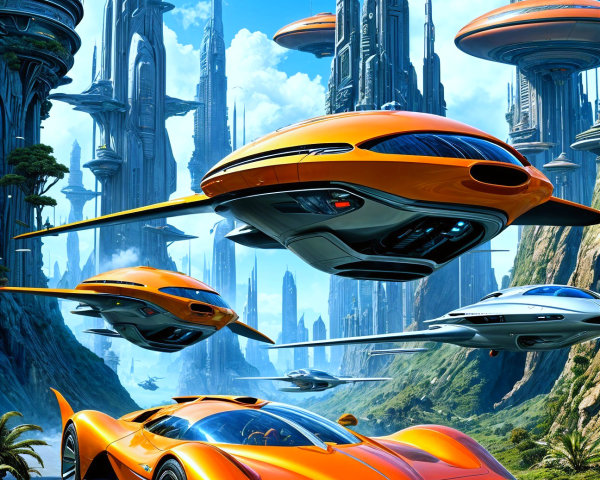 Futuristic cityscape with sleek cars and skyscrapers