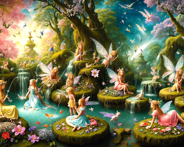 Ethereal Fairies in a Vibrant Forest Scene