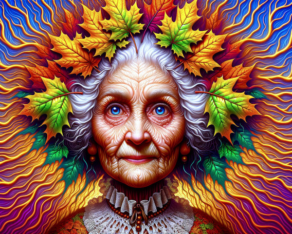 Elderly Woman with Blue Eyes in Colorful Surroundings