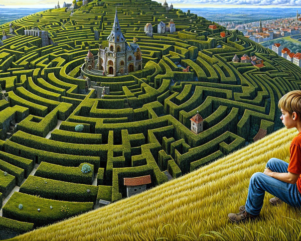 Young boy on hill overlooking maze and castle scene