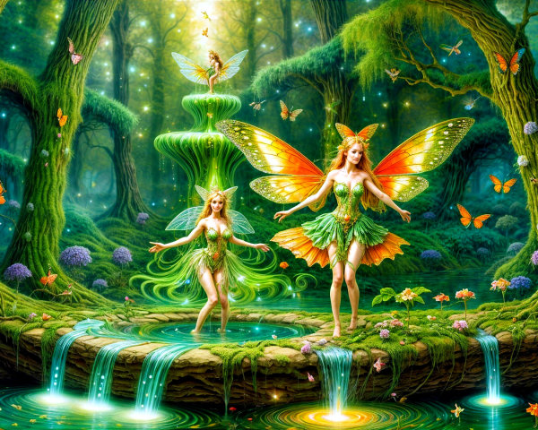 Fairies by a Sparkling Waterfall in Enchanted Forest