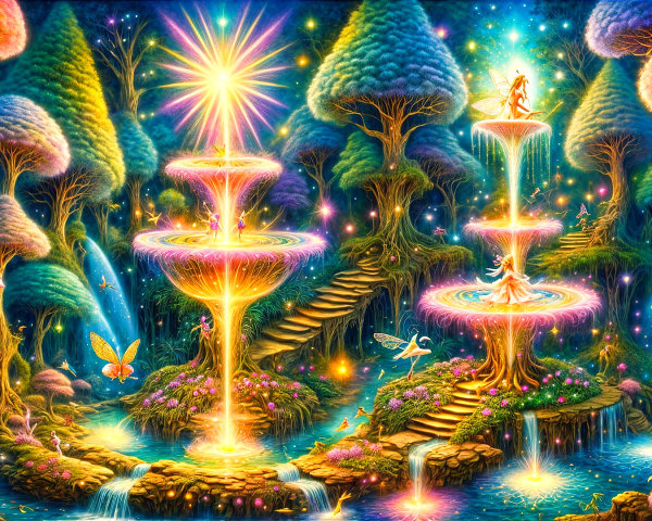 Vibrant Fantasy Landscape with Glowing Waterfalls