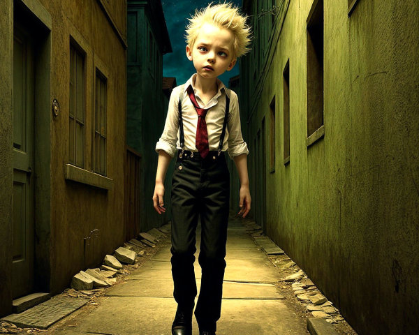 Young Boy in Dimly Lit Alley with Tousled Blond Hair