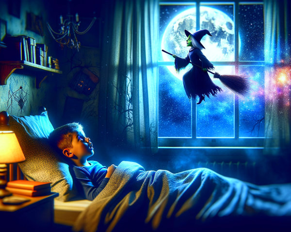 Whimsical Witch Flying Under Moonlit Night Sky