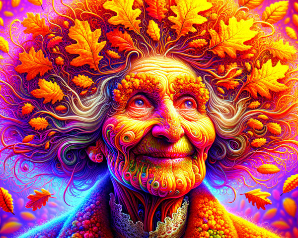 Surreal Portrait of Elderly Woman with Autumn Leaves