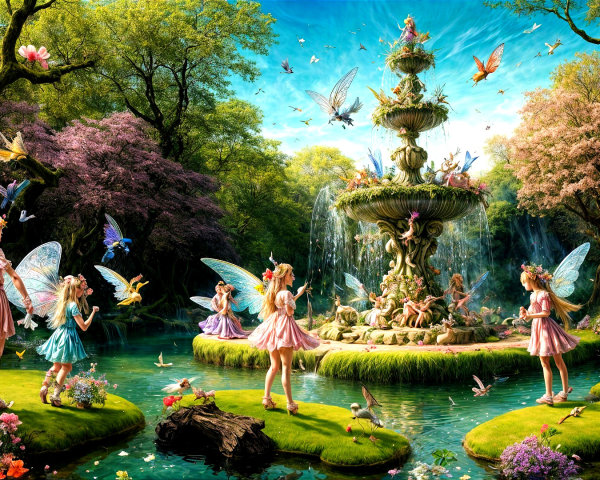 Whimsical Enchanted Forest with Fairies and Fountain