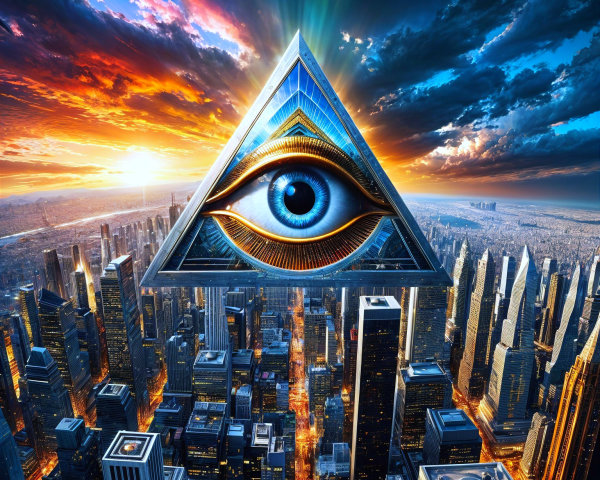 Dramatic Sunset Skyline with All-Seeing Eye Triangle