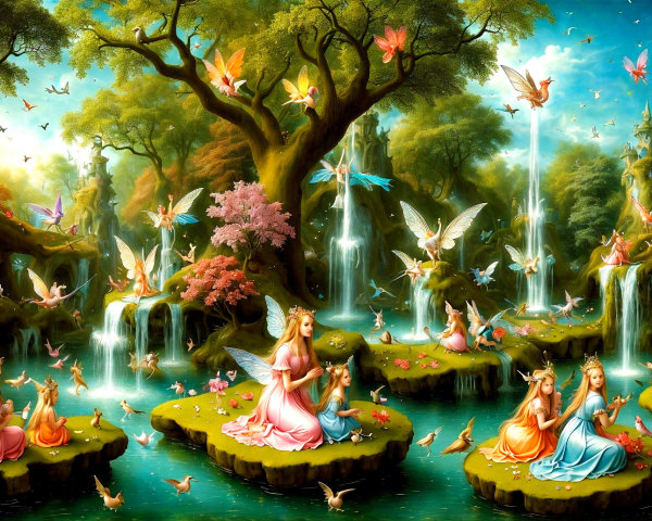 Whimsical Fairies in a Vibrant Enchanted Landscape