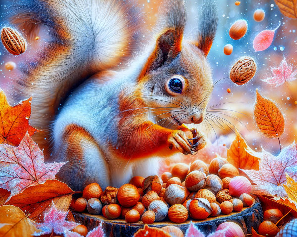 Squirrel with Acorn in Vibrant Autumn Landscape