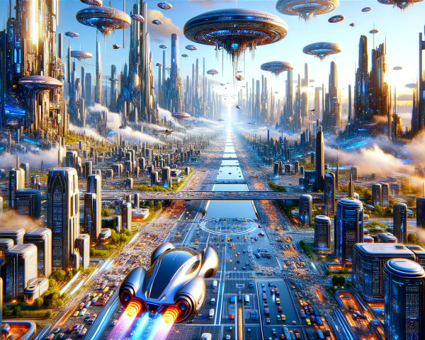 Futuristic Cityscape with Skyscrapers and Drones