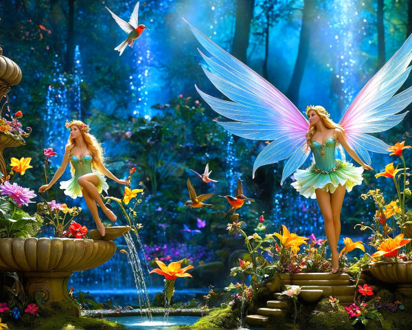 Fairies Dancing in a Colorful Enchanted Garden