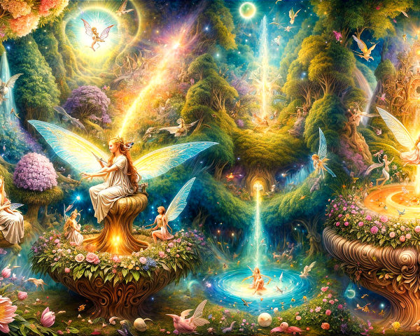 Enchanted Landscape with Fairies and Magical Elements