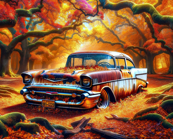 1950s Rusty Car Surrounded by Autumn Forest Colors