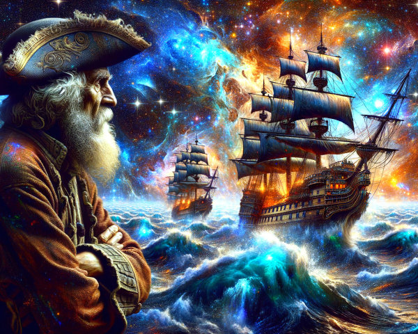 Old pirate overlooking a cosmic sea with ships