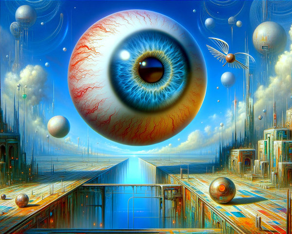 Surreal Landscape with Eyeball Over Futuristic City