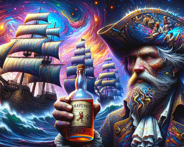 Surreal Pirate Scene with Cosmic Background and Ships