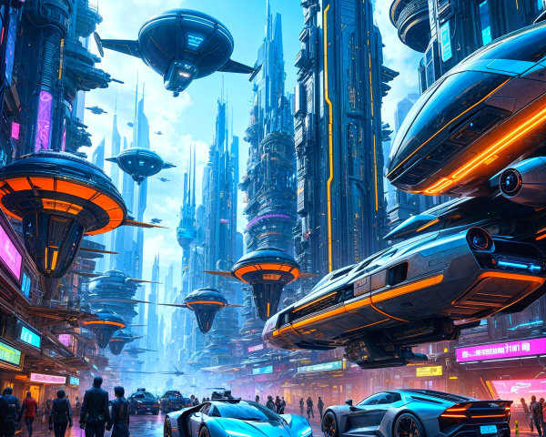 Futuristic Cityscape with Skyscrapers and Neon Lights