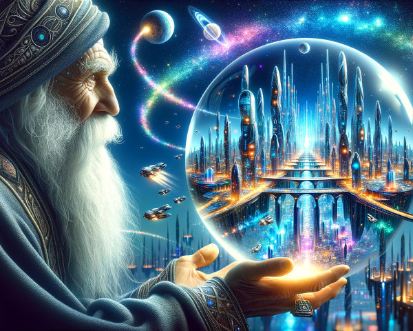 Elderly Figure with Glowing Orb and Futuristic City