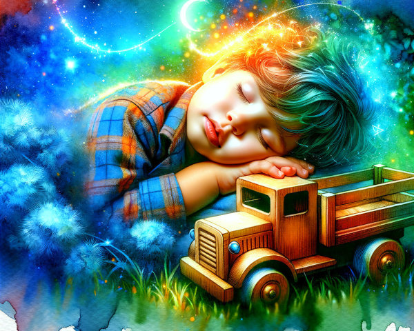 Dreamy Landscape with Child and Wooden Toy Truck
