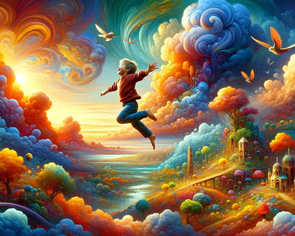 Vibrant Whimsical Landscape with Joyful Child and Nature