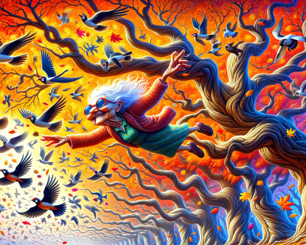 Elderly Woman Floating in Vibrant Autumn Landscape