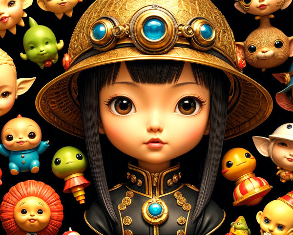 Stylized Doll Surrounded by Colorful Toys and Characters