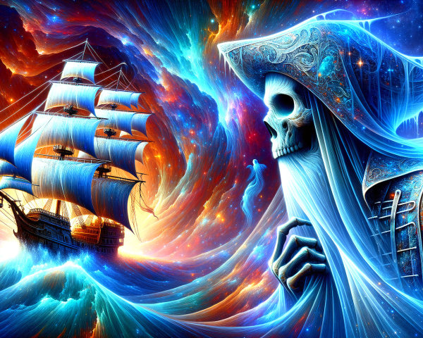 Surreal Sailing Ship and Ghostly Figure in Cosmos
