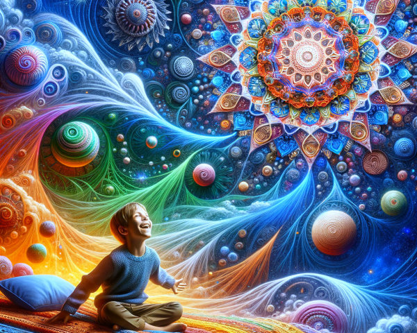 Young Boy on Colorful Bed Under Cosmic Scene