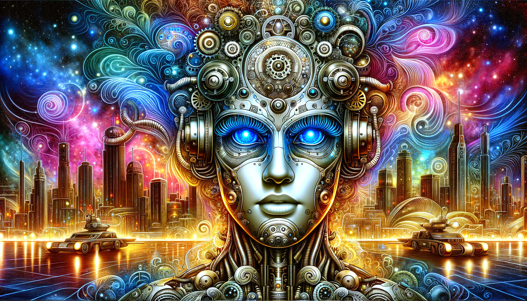 Futuristic Metallic Humanoid Face with Cosmic Background