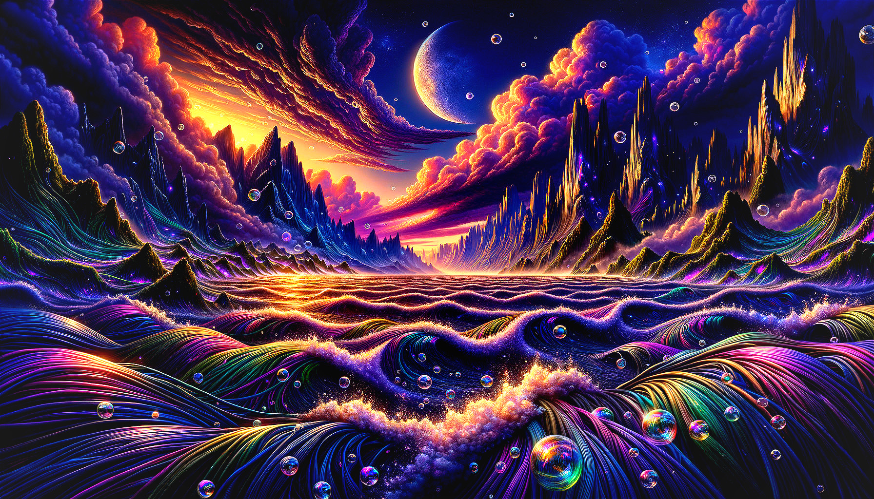 Vibrant Cosmic Landscape with Majestic Mountains and Sea