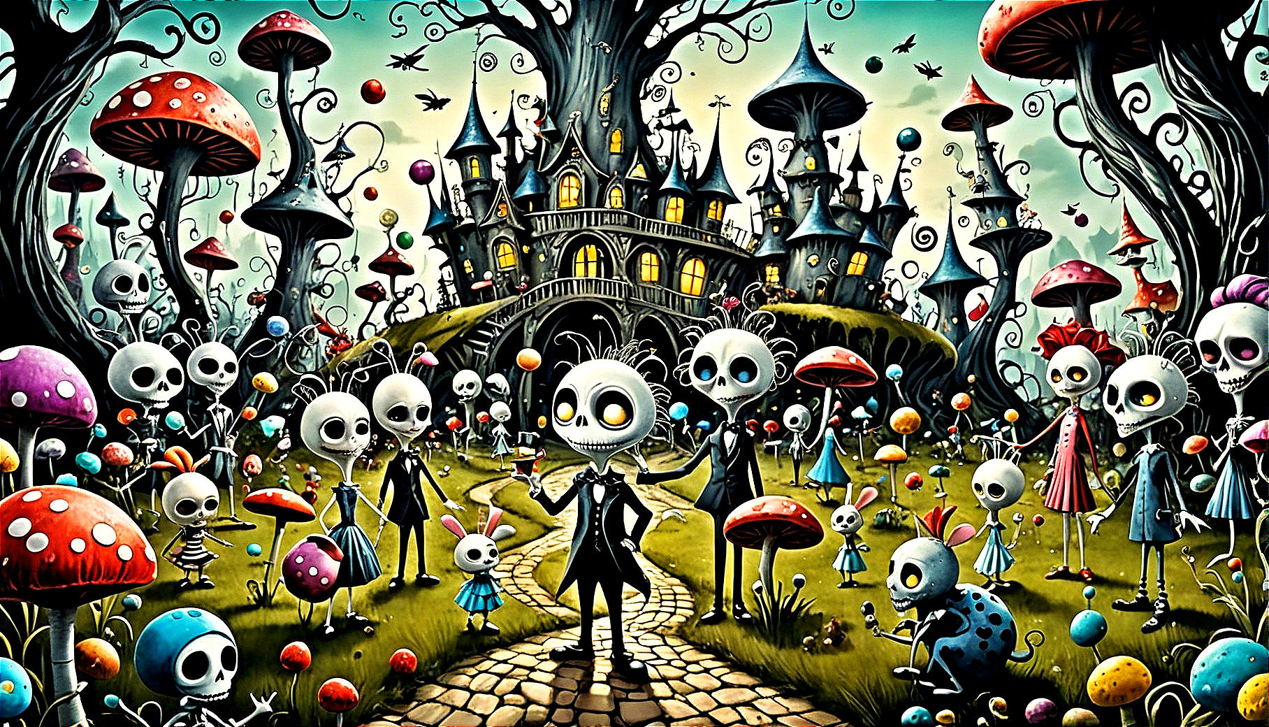 Skeletal Figures in Whimsical Eerie Landscape