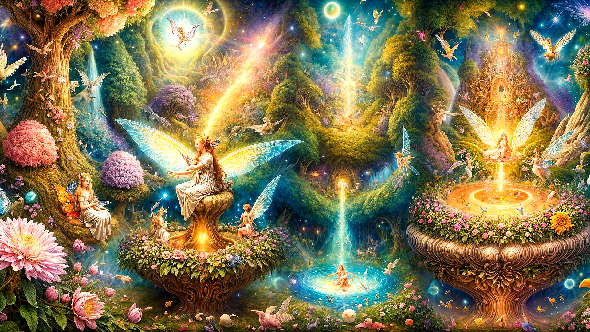 Enchanted Landscape with Fairies and Magical Elements