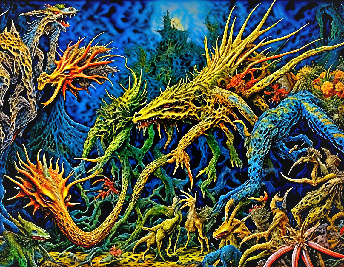Vibrant Artwork of Mythical Creatures in Chaos
