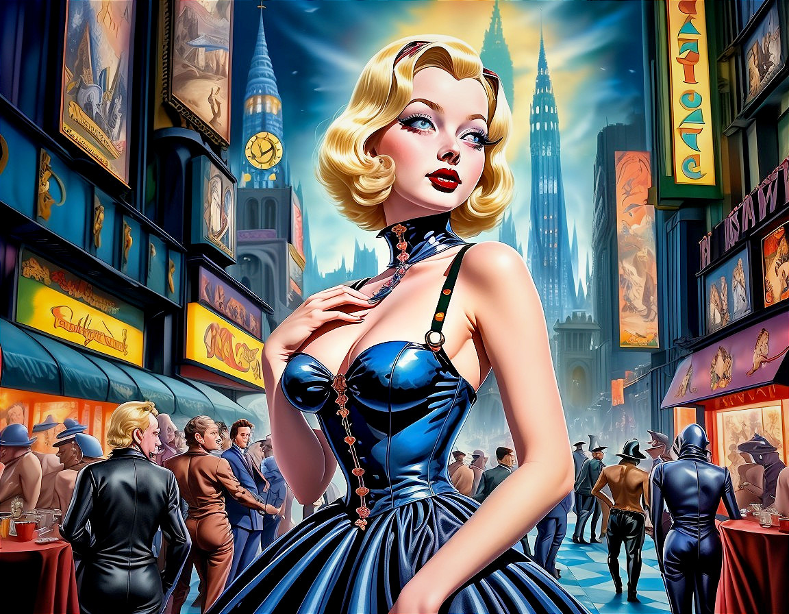 Blonde Woman in Blue Corset in Retro-Futuristic City