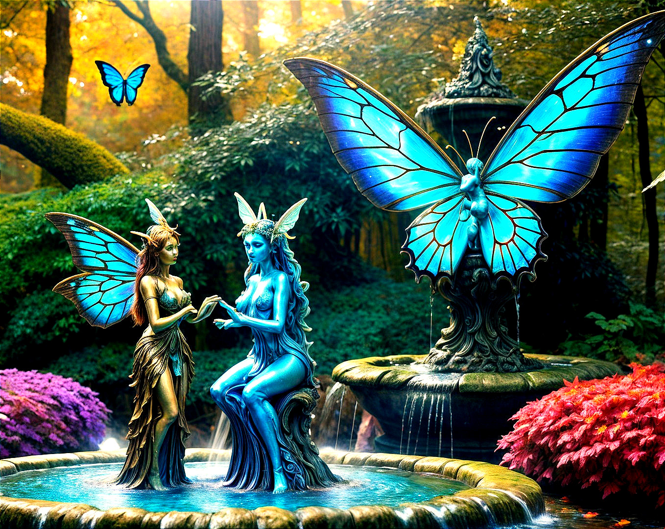 Enchanting Forest with Fairy Statues and Fountain