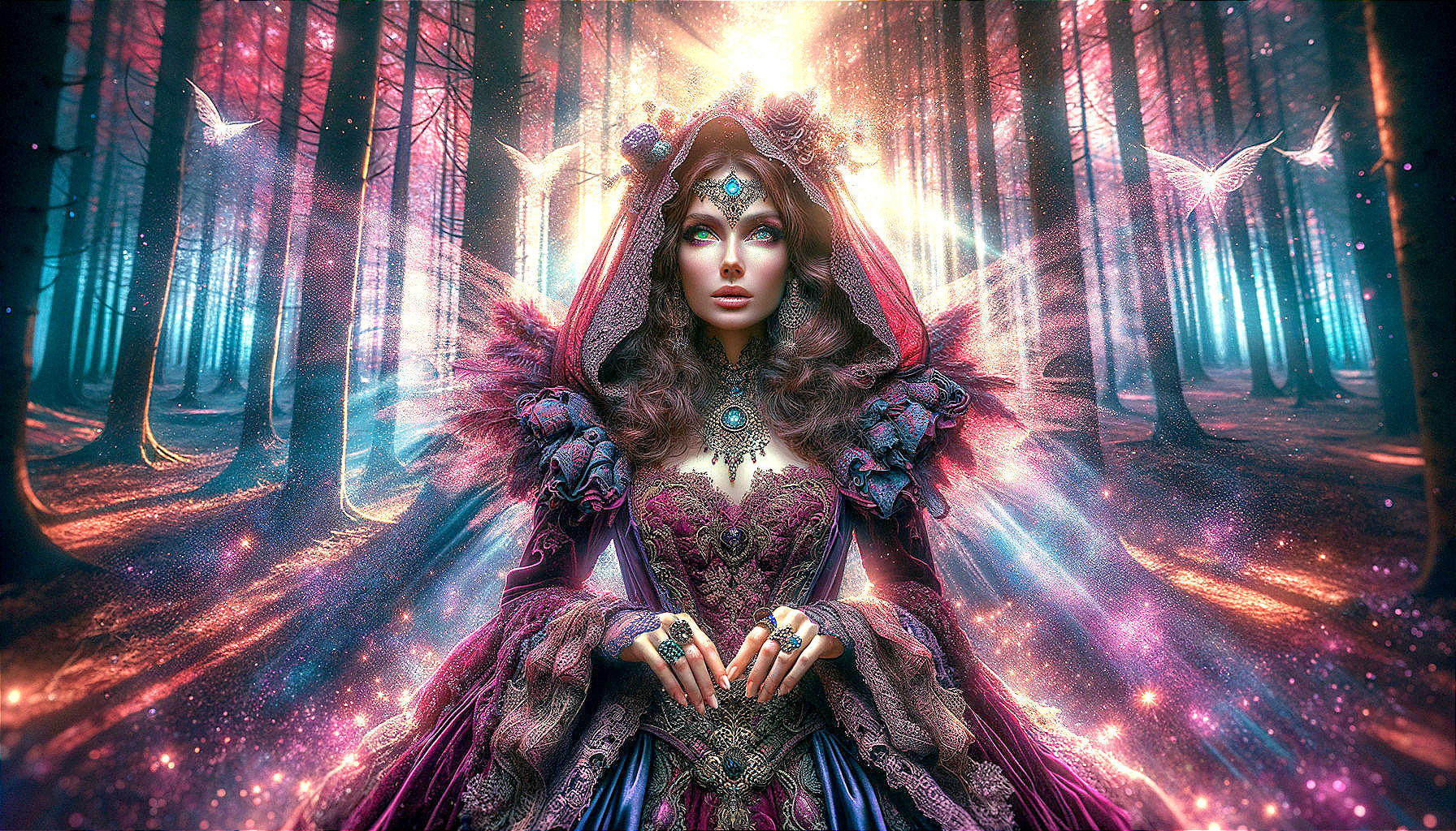 Mystical Figure in Enchanted Forest with Ethereal Light